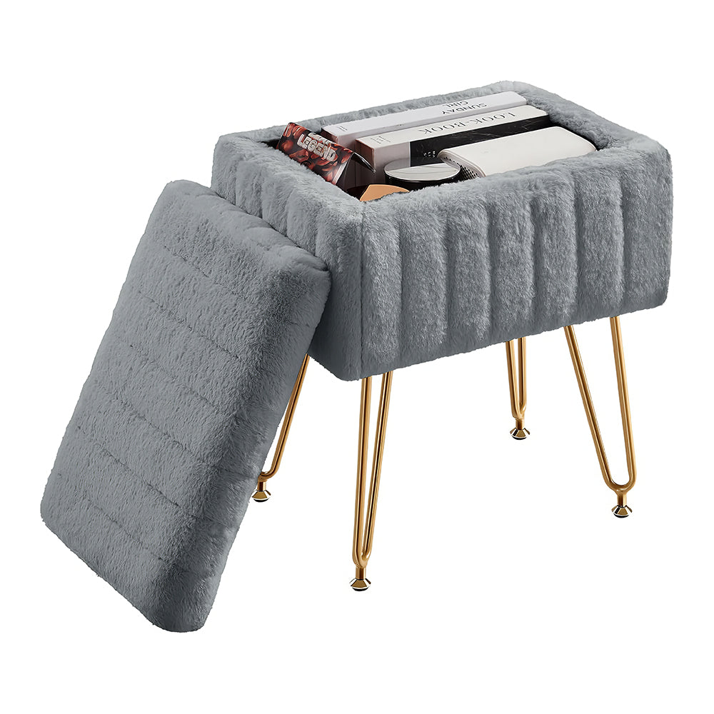 Vanity Stool with Storage, Faux Fur Padded Makeup Chair, 18.9”H