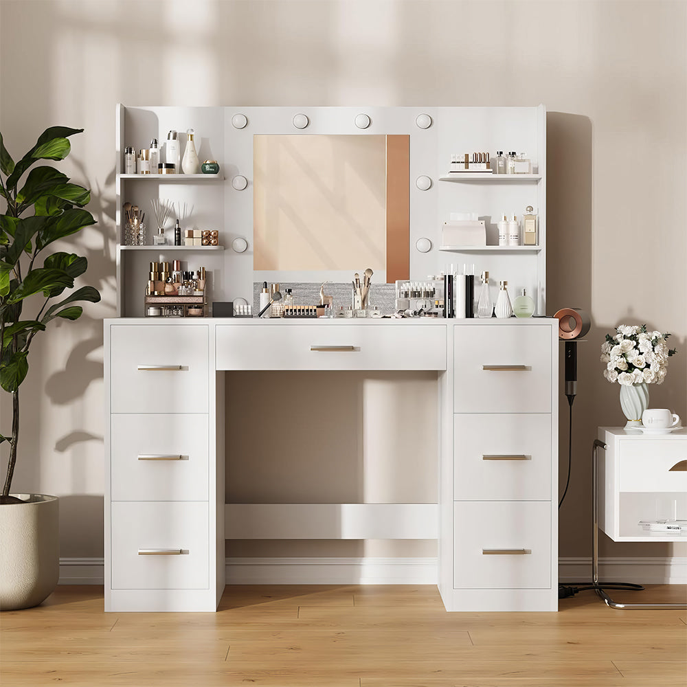 Vanity Desk with Mirror, LED Lights, Power Outlet & 7 Drawers, White