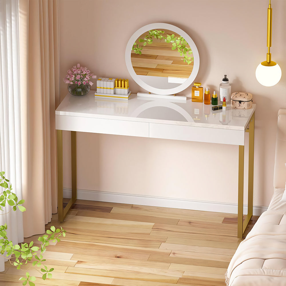 Vanity Desk with 2 Drawers, Glossy White Makeup Table for Bedroom, Small Desk
