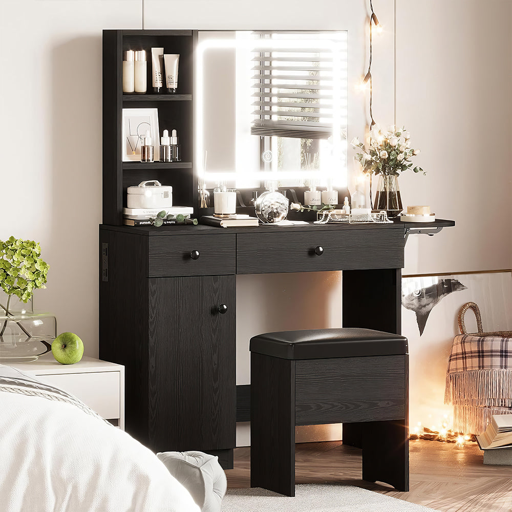 Vanity Desk with LED Lighted Mirror, Power Outlet & Storage Stool, White