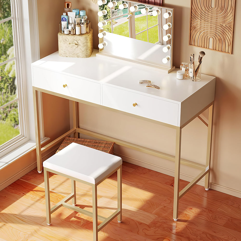 35.4" White & Gold Desk with 2 Drawers, Makeup Vanity & Padded Stool