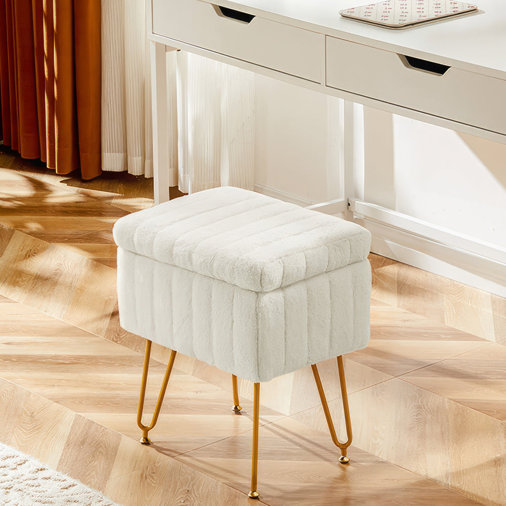 Vanity Stool with Storage, Faux Fur Padded Makeup Chair, 18.9”H