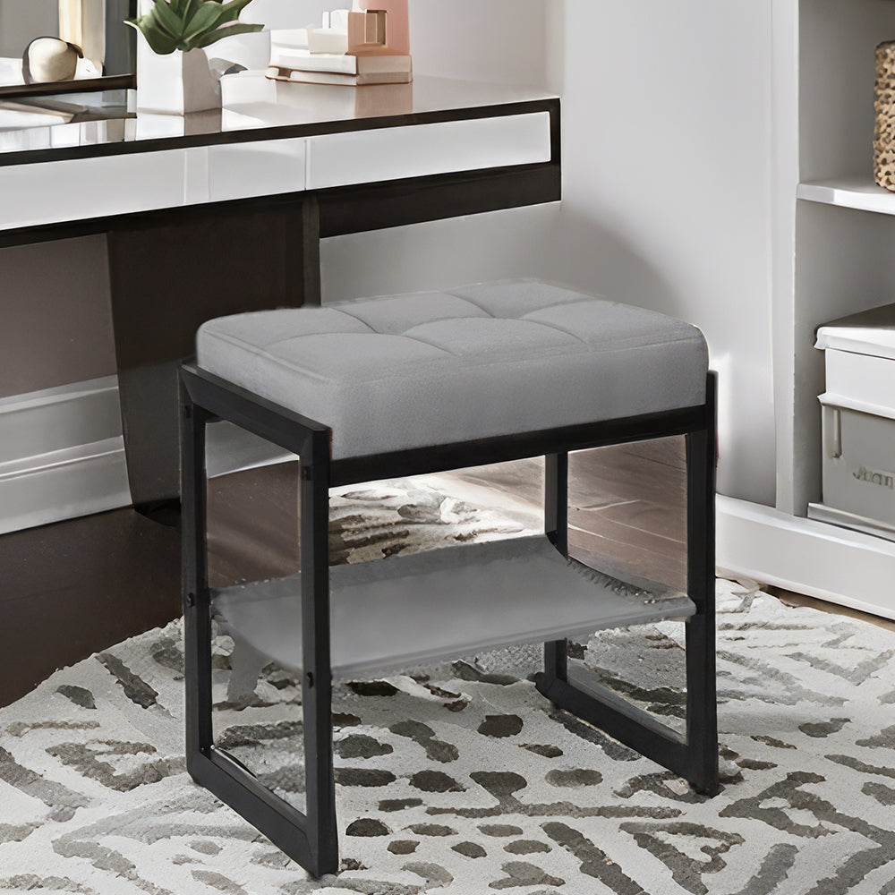 Faux Leather Vanity Stool with Gold Metal Legs & Storage Shelf, White