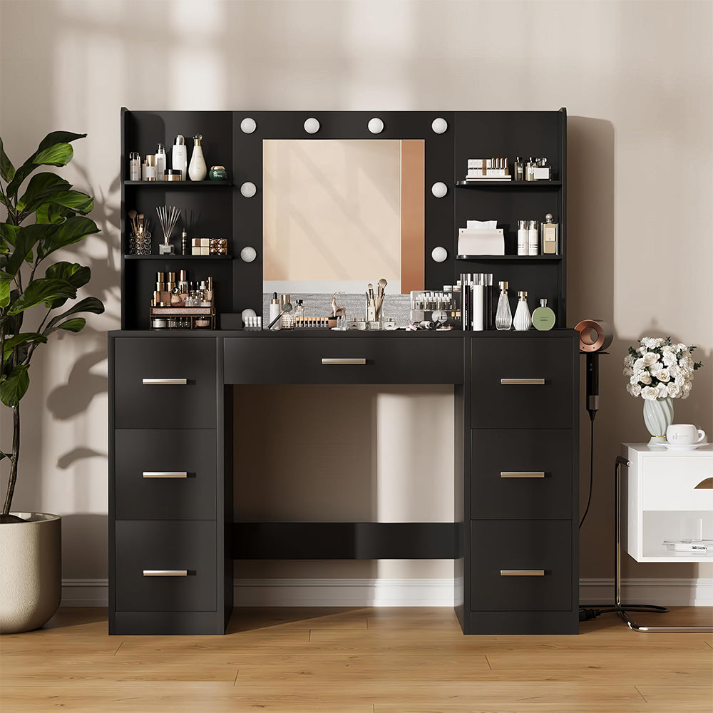 Vanity Desk with Mirror, LED Lights, Power Outlet & 7 Drawers, White