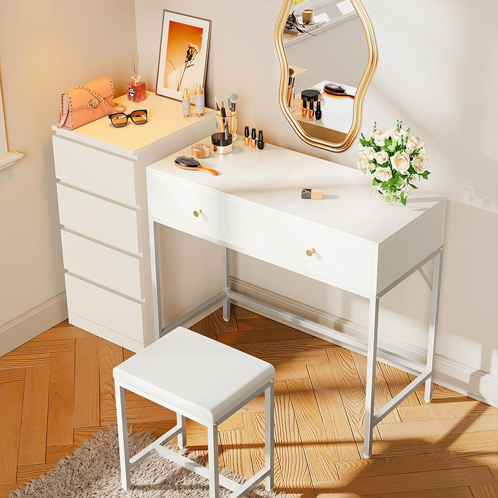 35.4" White & Gold Desk with 2 Drawers, Makeup Vanity & Padded Stool