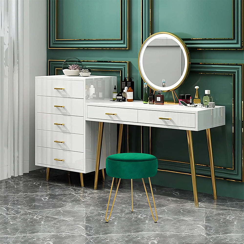 Velvet Round Vanity Stool with Golden Metal Legs, Modern Footrest