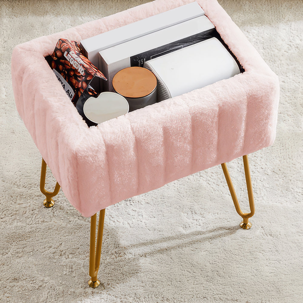 Vanity Stool with Storage, Faux Fur Padded Makeup Chair, 18.9”H
