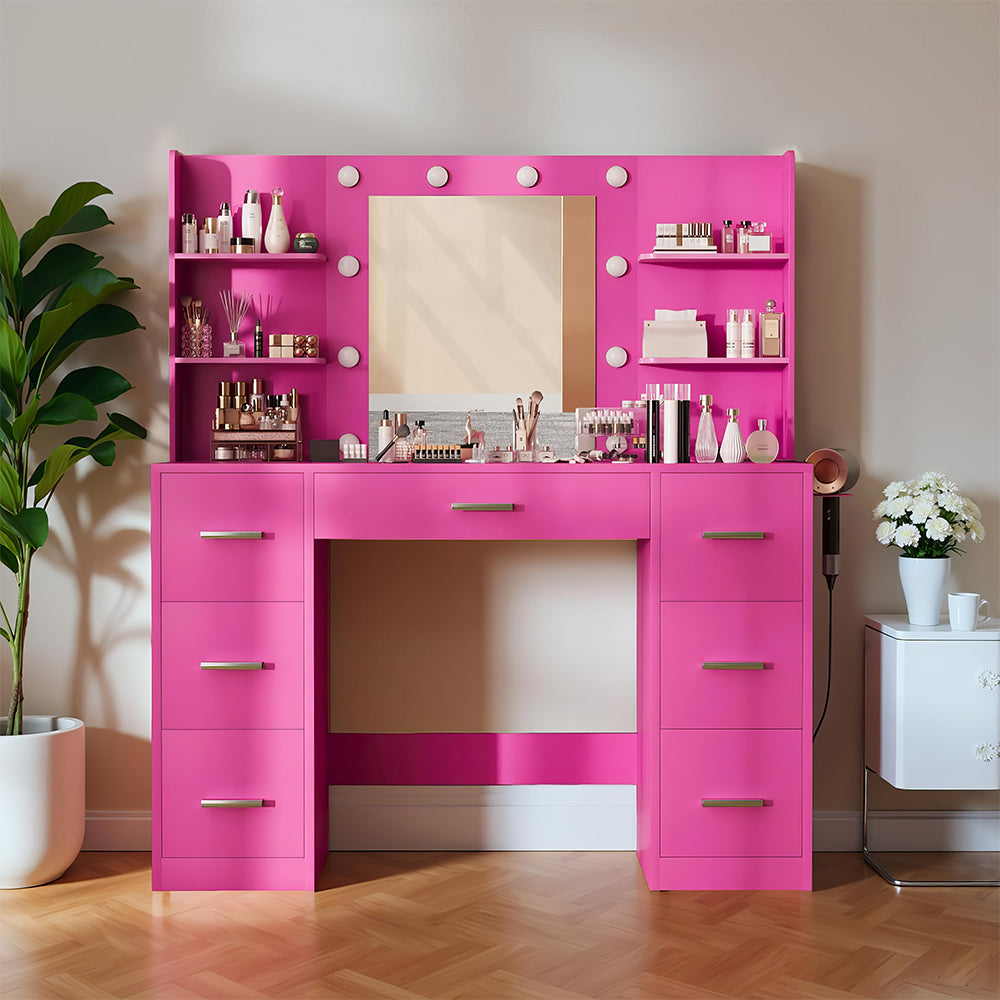 Vanity Desk with Mirror, LED Lights, Power Outlet & 7 Drawers, White