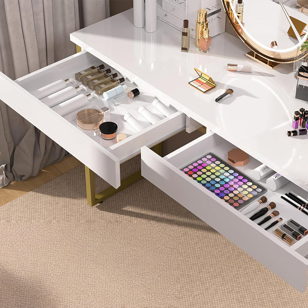 Vanity Desk with 2 Drawers, Glossy White Makeup Table for Bedroom, Small Desk