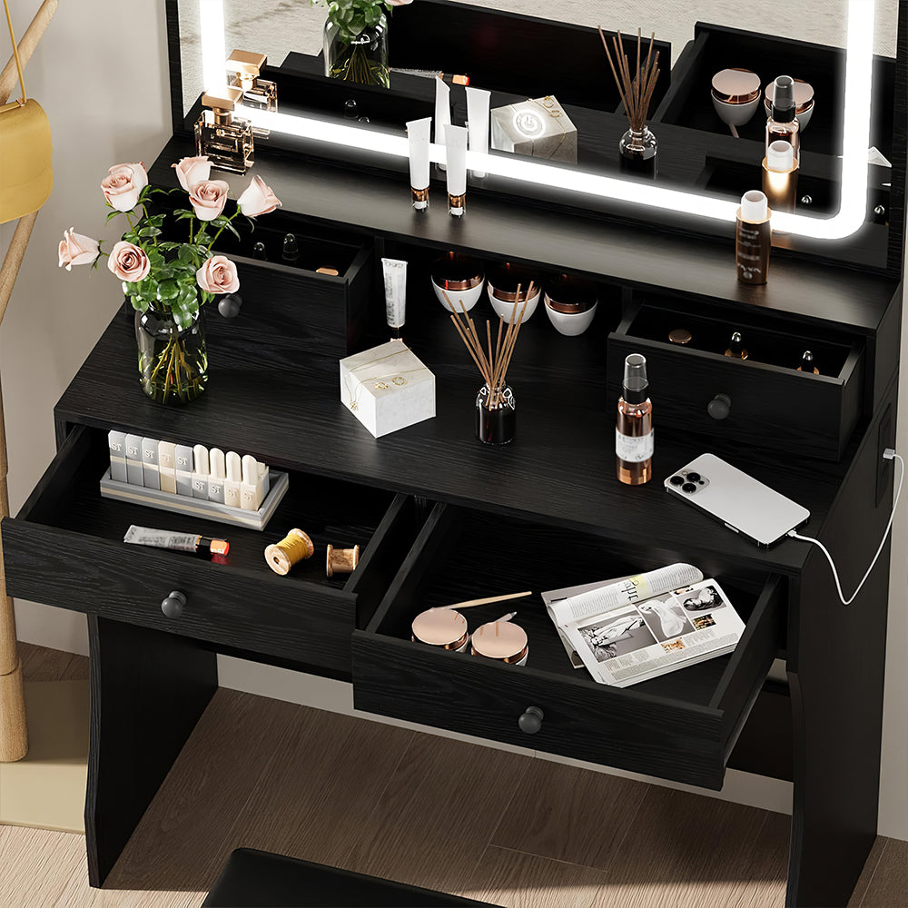 Vanity Desk with LED Mirror & Power Outlet, 4 Drawers, White Makeup Table