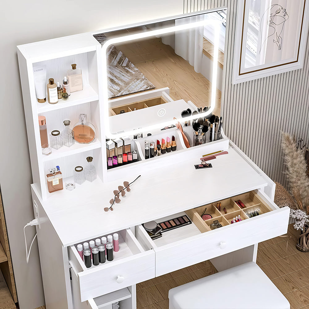 Vanity Desk with LED Lighted Mirror, Power Outlet & Storage Stool, White