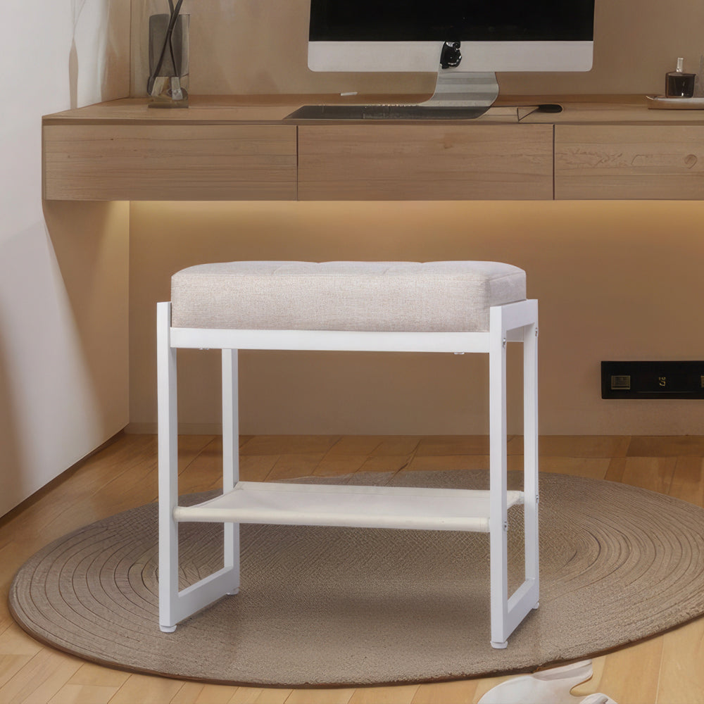 Faux Leather Vanity Stool with Gold Metal Legs & Storage Shelf, White