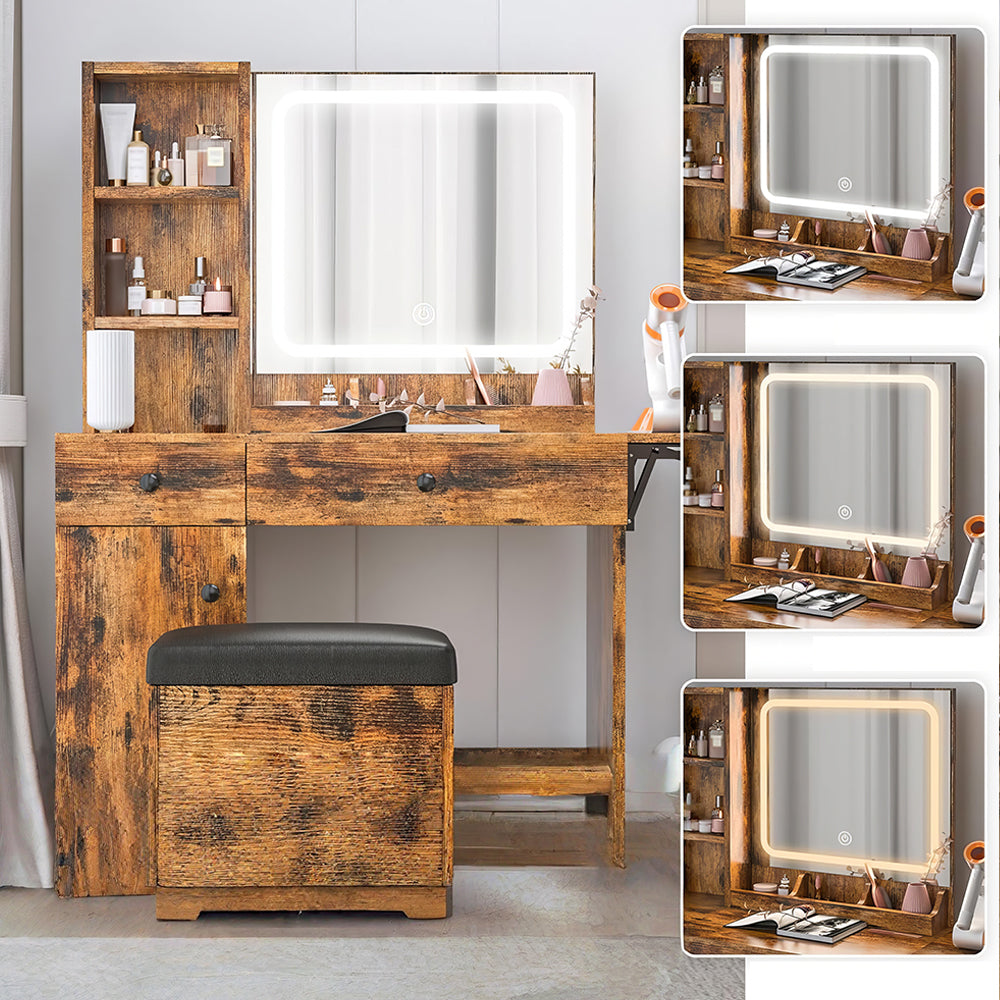 Vanity Desk with LED Lighted Mirror, Power Outlet & Storage Stool, White