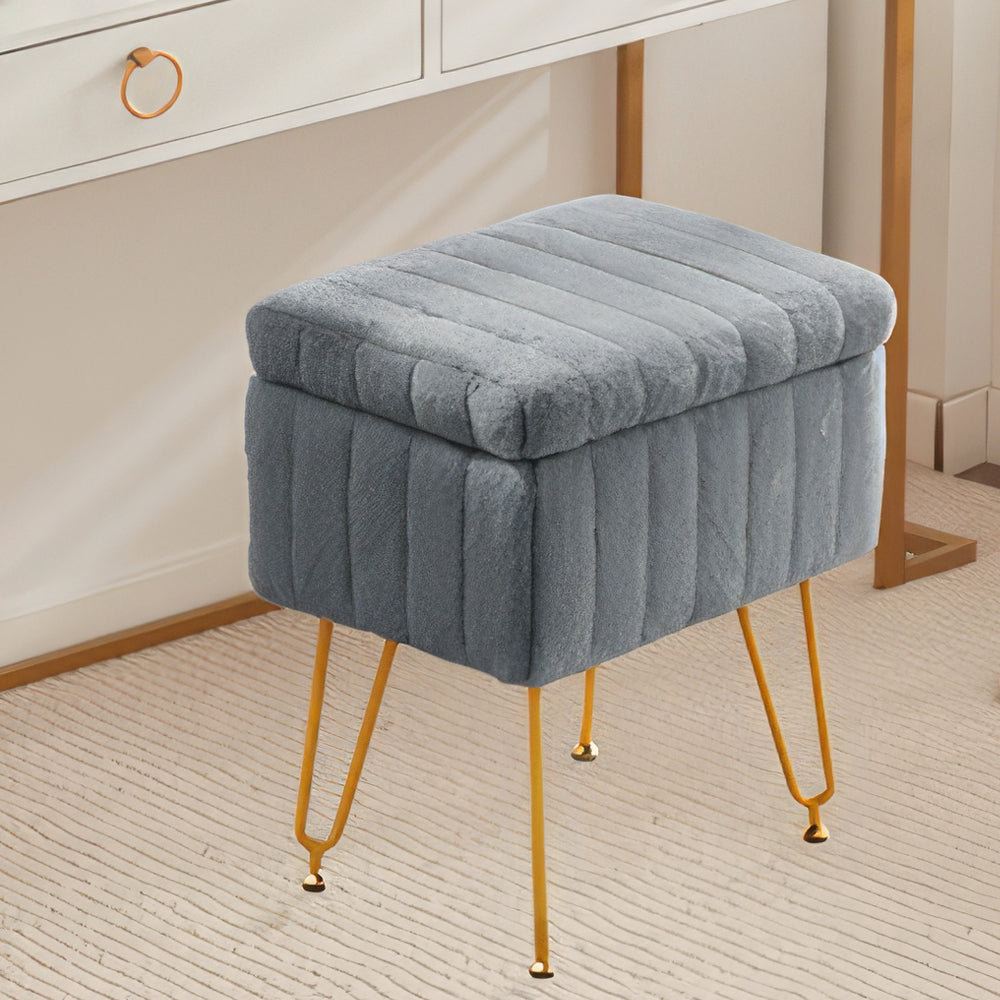 Vanity Stool with Storage, Faux Fur Padded Makeup Chair, 18.9”H